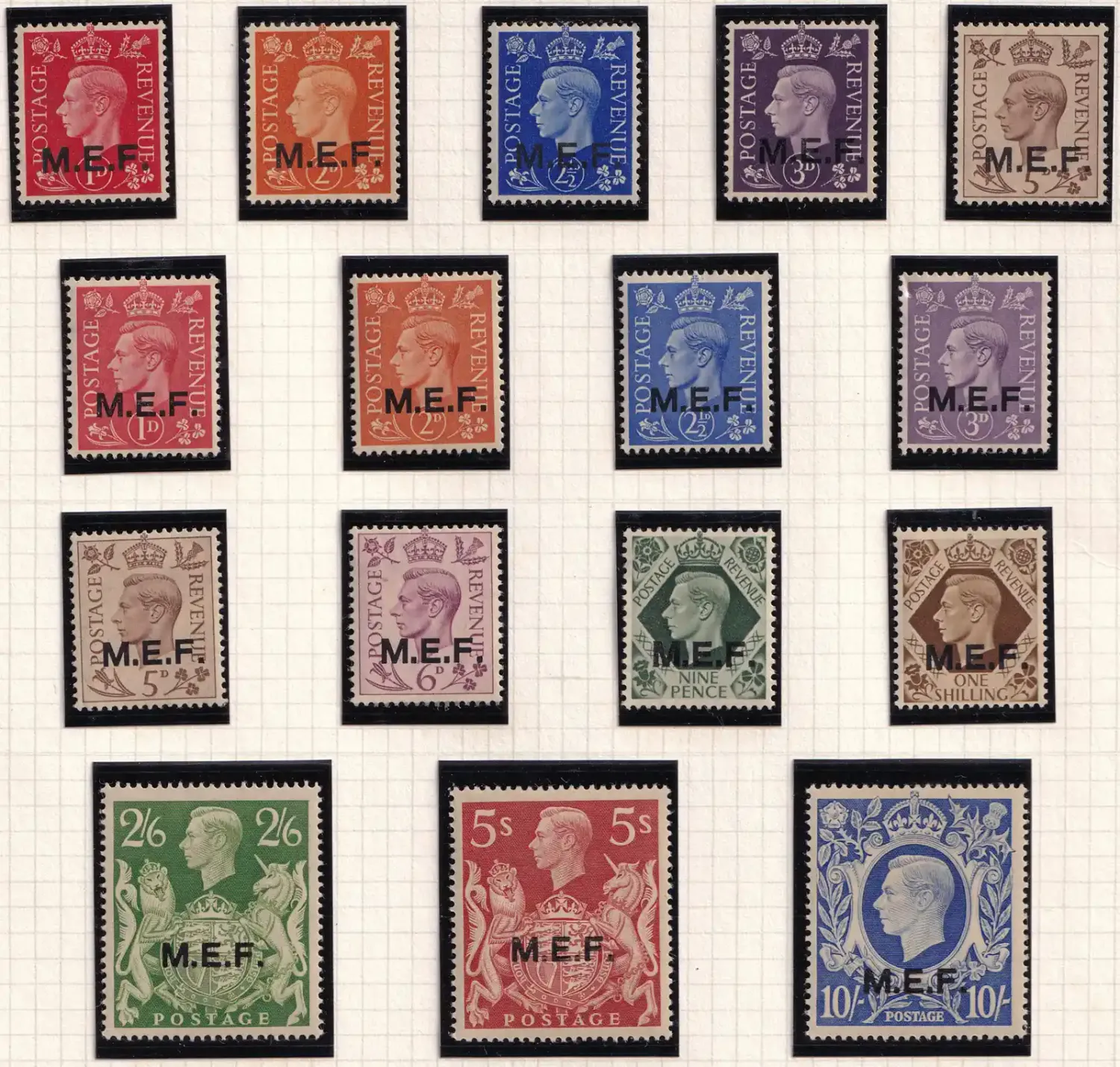 British Middle East Forces 1942 King George VI - Great Britain Postage Stamps of 1937 Overprinted "M.E.F." in Black. MH(*) British Middle East Forces 1942 King George VI - Great Britain Postage Stamps of 1937 Overprinted "M.E.F." in Black. MH(*)