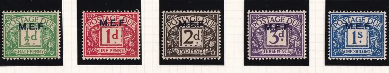 British Middle East Forces 1942 Great Britain Postage Due Stamps Overprinted "M.E.F." MH(*) British Middle East Forces 1942 Great Britain Postage Due Stamps Overprinted "M.E.F." MH(*)