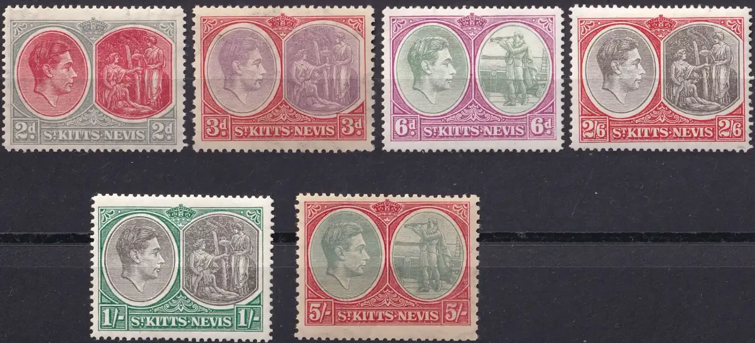 St. Kitts Nevis 1938 KGVI Coat of Arms of Nevis (5v). MLH(*) St. Kitts Nevis 1938 KGVI Coat of Arms of Nevis (5v). MLH(*)