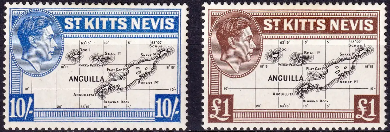 St. Kitts Nevis 1948 KGVI Map of Anguilla (2v). MLH(*) St. Kitts Nevis 1948 KGVI Map of Anguilla (2v). MLH(*)