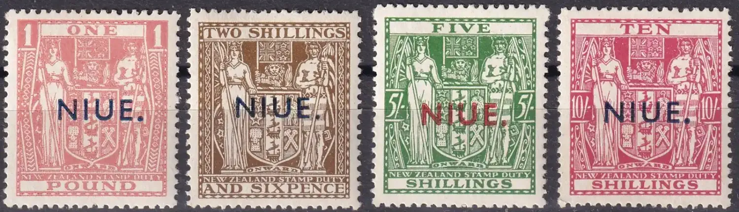 Niue 1942 Coat of Arms - New Zealand Revenue Stamps Overprinted "NIUE." - New Watermark (4v) MLH(*) Niue 1942 Coat of Arms - New Zealand Revenue Stamps Overprinted "NIUE." - New Watermark (4v) MLH(*)