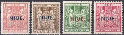 Niue 1942 Coat of Arms - New Zealand Revenue Stamps Overprinted "NIUE." - New Watermark (4v) MLH(*) Niue 1942 Coat of Arms - New Zealand Revenue Stamps Overprinted "NIUE." - New Watermark (4v) MLH(*)