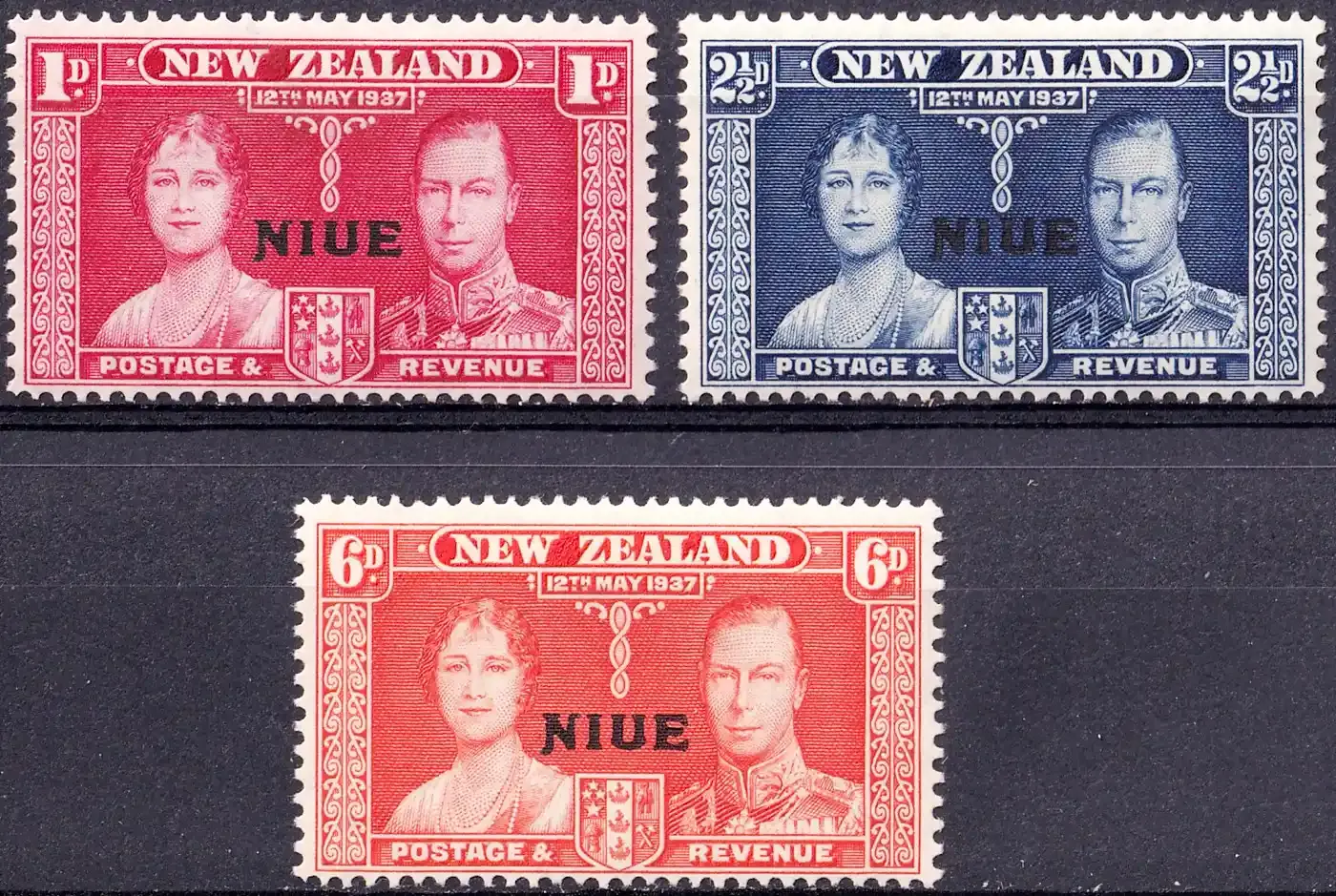 Niue 1937 KGVI New Zealand Postage Stamps Overprinted "NIUE" (3v) MLH(*) Niue 1937 KGVI New Zealand Postage Stamps Overprinted "NIUE" (3v) MLH(*)