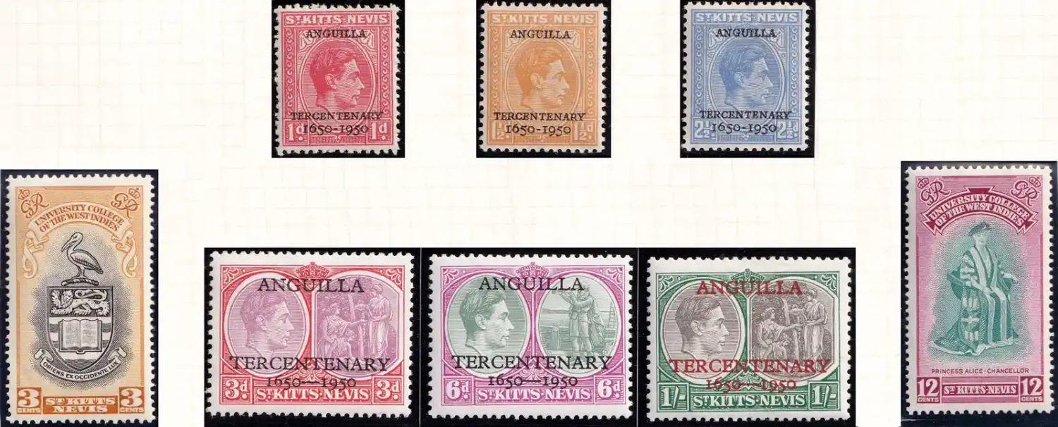 St. Kitts Nevis 1950 The 300th Anniv of British Settlement in Anguilla (8v). MLH(*) St. Kitts Nevis 1950 The 300th Anniv of British Settlement in Anguilla (8v). MLH(*)