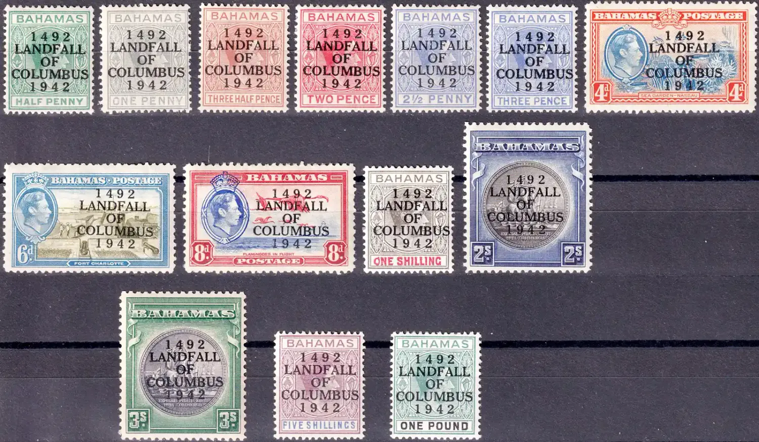 Bahamas 1942 KGVI Stamps Ovpt "1492 LANDFALL OF COLUMBUS 1942", SG.162-175. MLH(*)