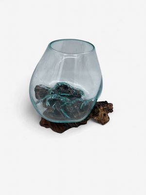Glass Bowl on Teak Vessel Large