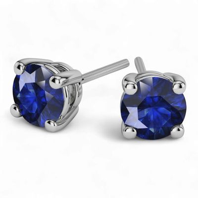 Round Sapphire Gemstone Earrings In White Gold Round Sapphire Gemstone Earrings In White Gold