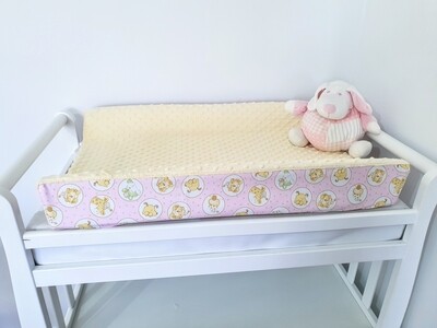 Change Pad cover- Soft yellow minky + cute pink jungle animal cotton print- 75 x 50cm
