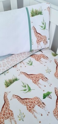 Neutral Giraffe theme printed Cot quilt + toddler pillowcase set.