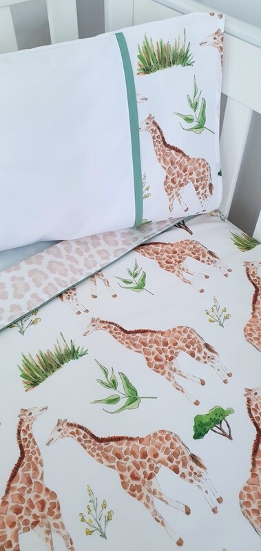 CLEARANCE SALE - Neutral Giraffe theme printed Cot quilt + toddler pillowcase set.