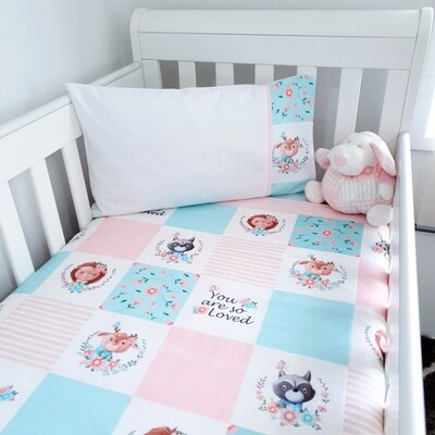 Sweet Deer "You are So Loved" patchwork Cot/toddler bed quilt + toddler pillowcase set