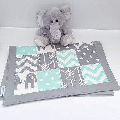 Mint, Grey + White Elephant patchwork cotton Cradle / Pram baby blanket