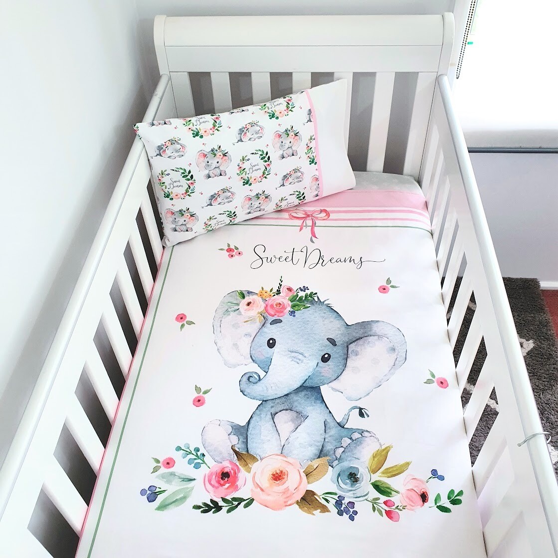 Sweet Dreams" floral Elephant theme Cot quilt + matching pillowcase set.
