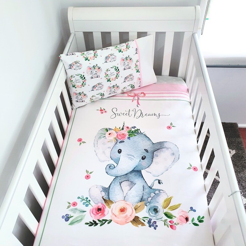 Sweet Dreams floral Elephant theme Cot quilt matching pillowcase set