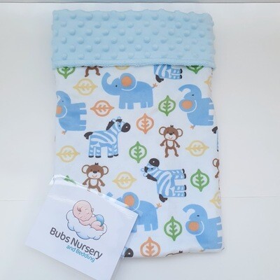 Jungle Animals Minky baby blanket - Baby blue + white