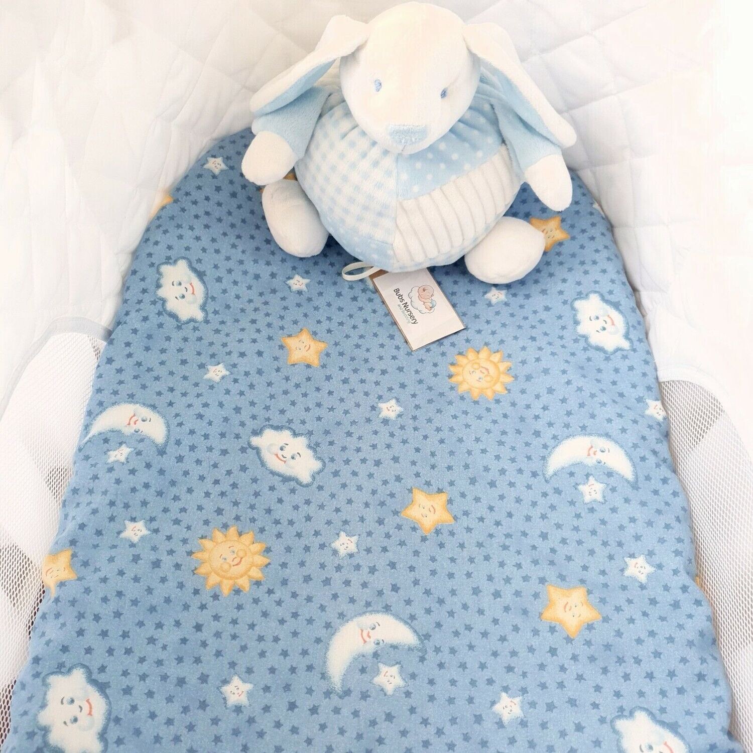 "Moons & Stars" blue cotton fitted bassinet / cradle sheet - Fit 80 x 40 cm
