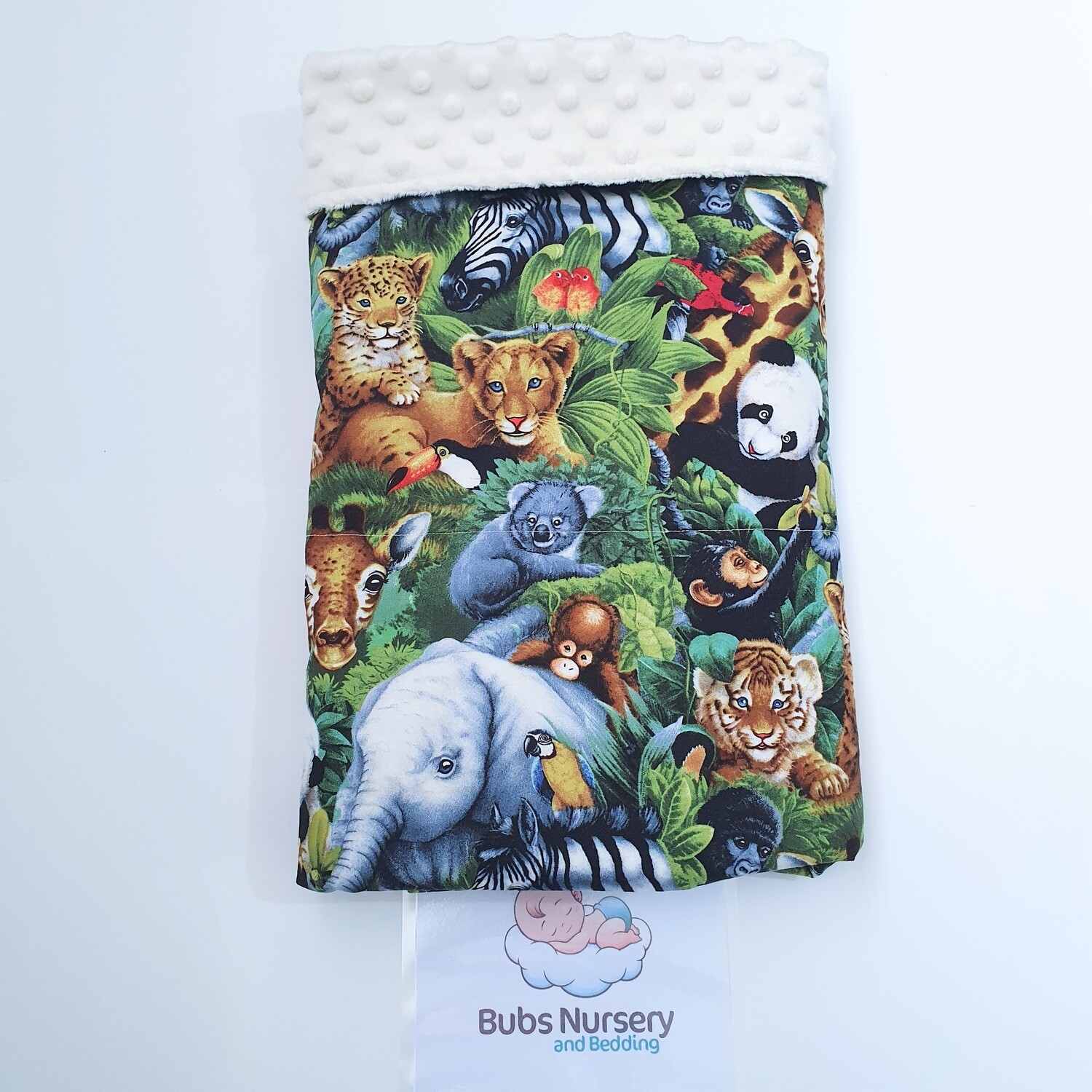 Neutral "Safari/ Jungle Animals" themed Cradle/Pram blanket with minky dot backing
