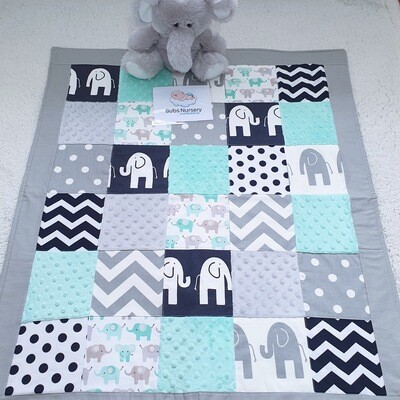 Elephant theme Patchwork style baby play mat / blanket - mint, navy & grey