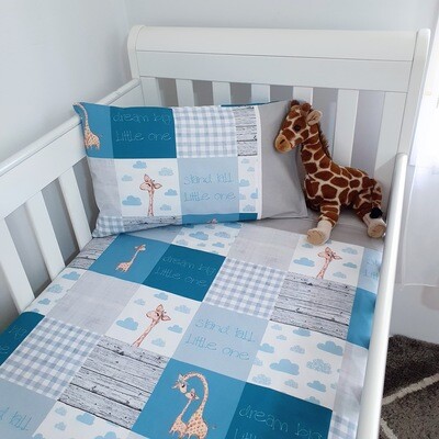 Giraffe themed patchwork Cot quilt + toddler pillowcase set - Teal blue, grey, blue & white