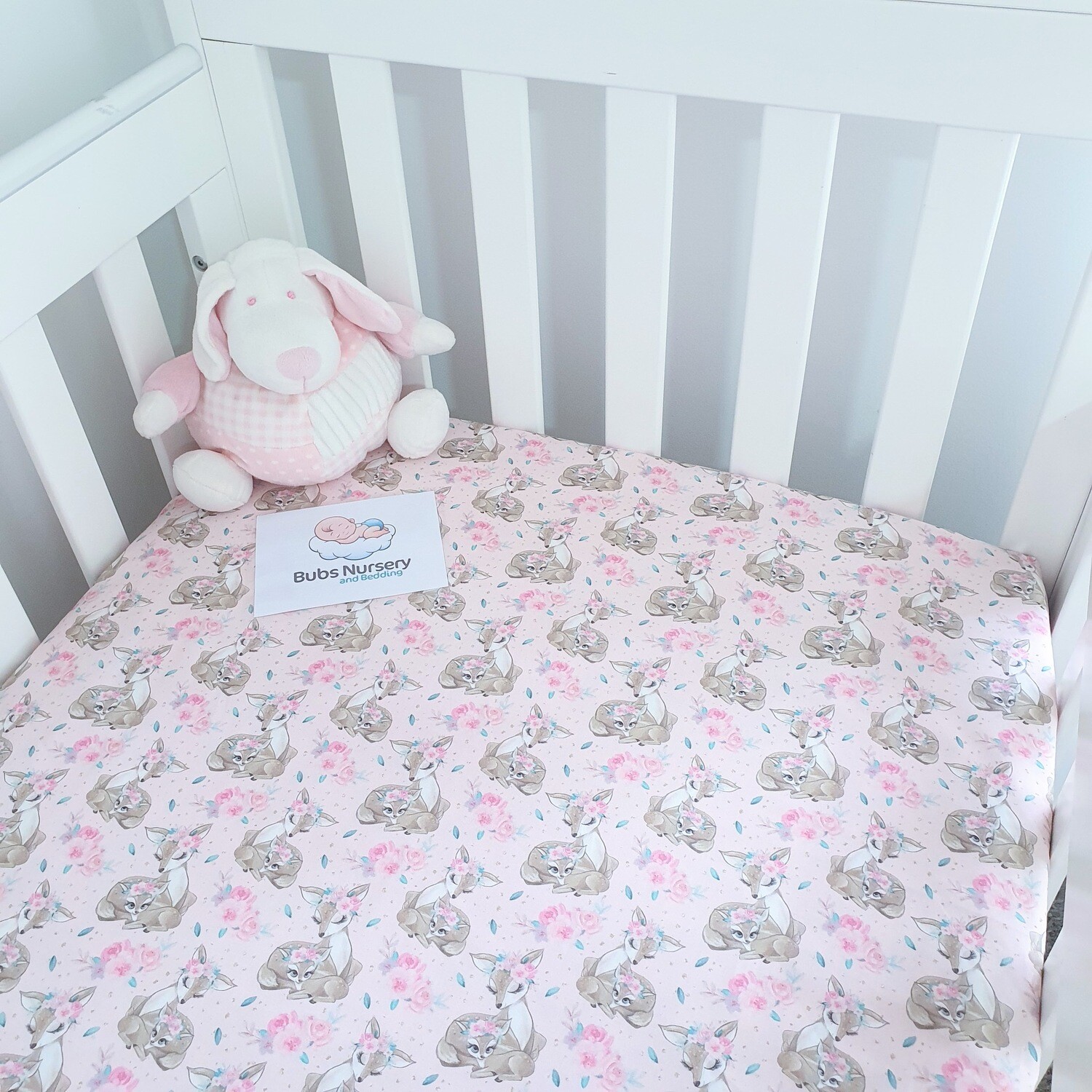 Sweet floral Deer baby pink cotton fitted cot sheet - 69 x 130 cm