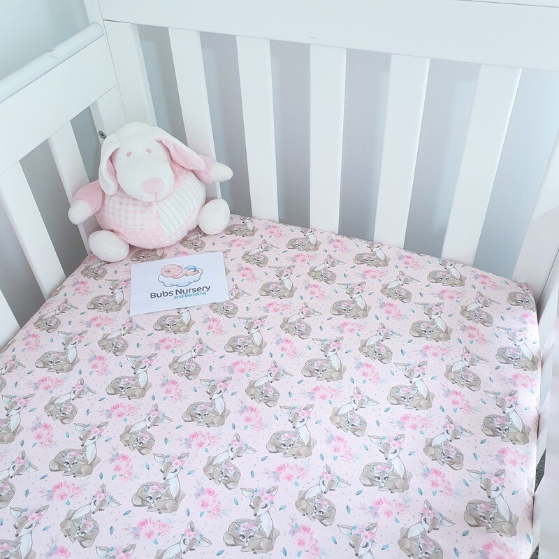 Sweet floral Deer baby pink cotton fitted cot sheet - To fit 70 x 130 cm mattress