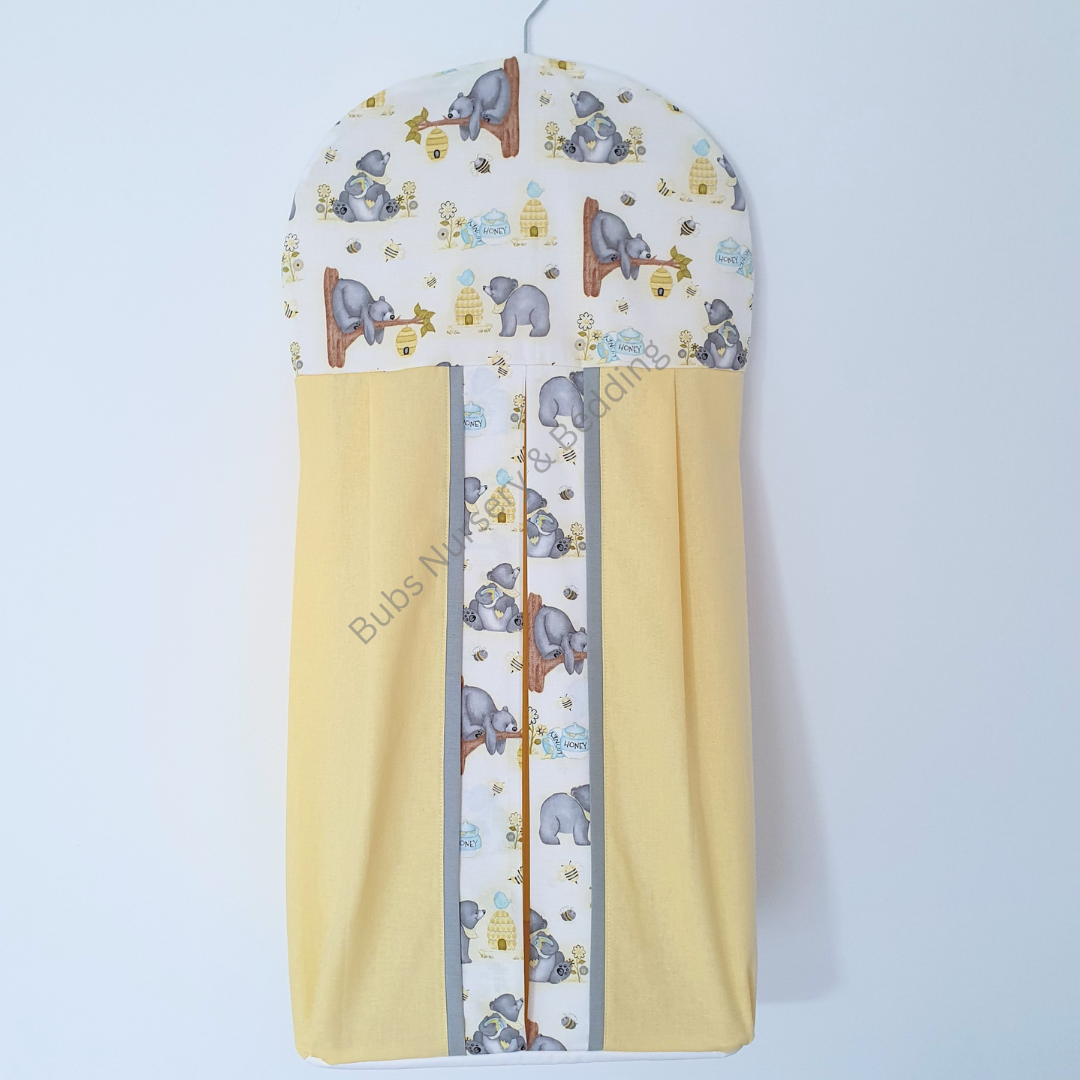 Gender Neutral Honey Bear print Nappy stacker - yellow, grey + white