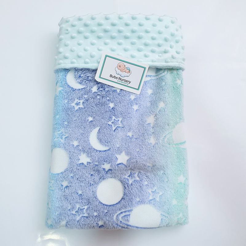 Soft Blue + Mint "Stars and Planets" burnout fleece + Minky baby blanket