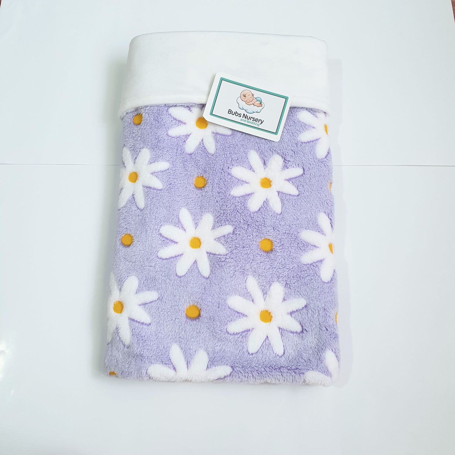 Sweet "White Daisies" smooth soft Minky + burnout fleece baby blanket - Lilac / White
