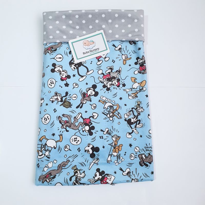 Adorable Mickey Mouse & Friends Minky baby blanket - Blue + Grey with white polka dots