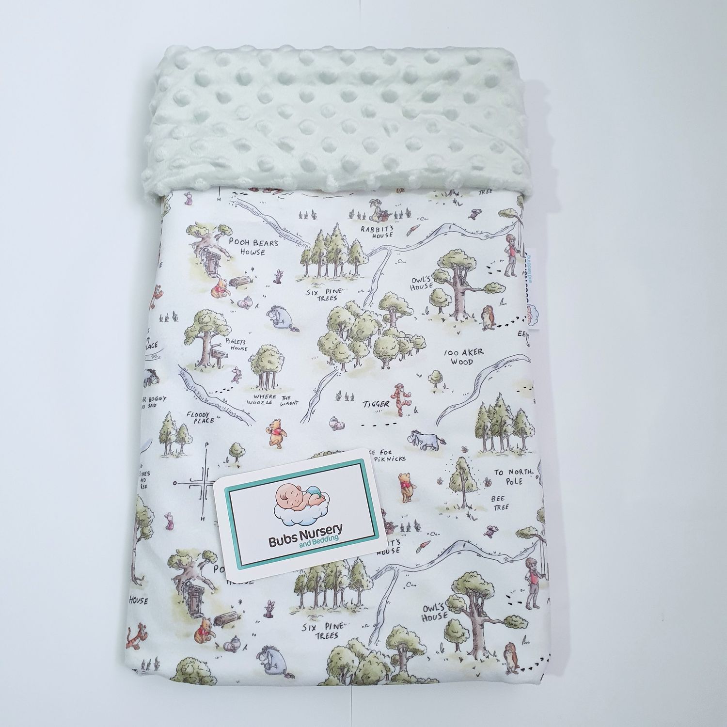 Winnie the Pooh & Friends Soft Minky baby blanket - White + Sage green