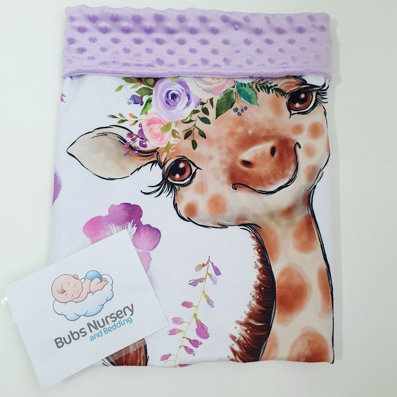 Floral Giraffe Minky baby blanket - White + Purple