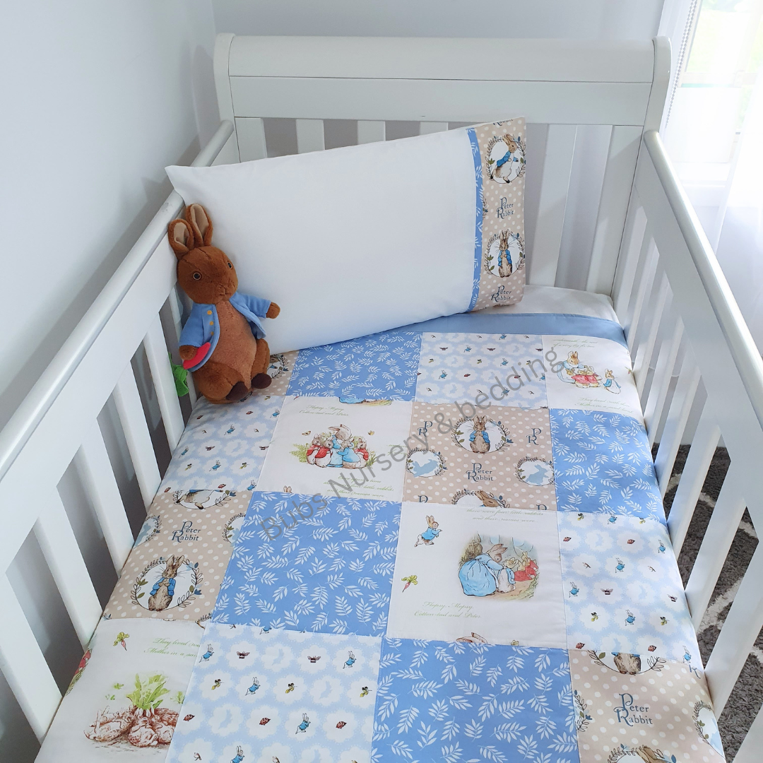 Peter Rabbit patchwork Cot quilt + pillow case set - Blue, white & taupe
