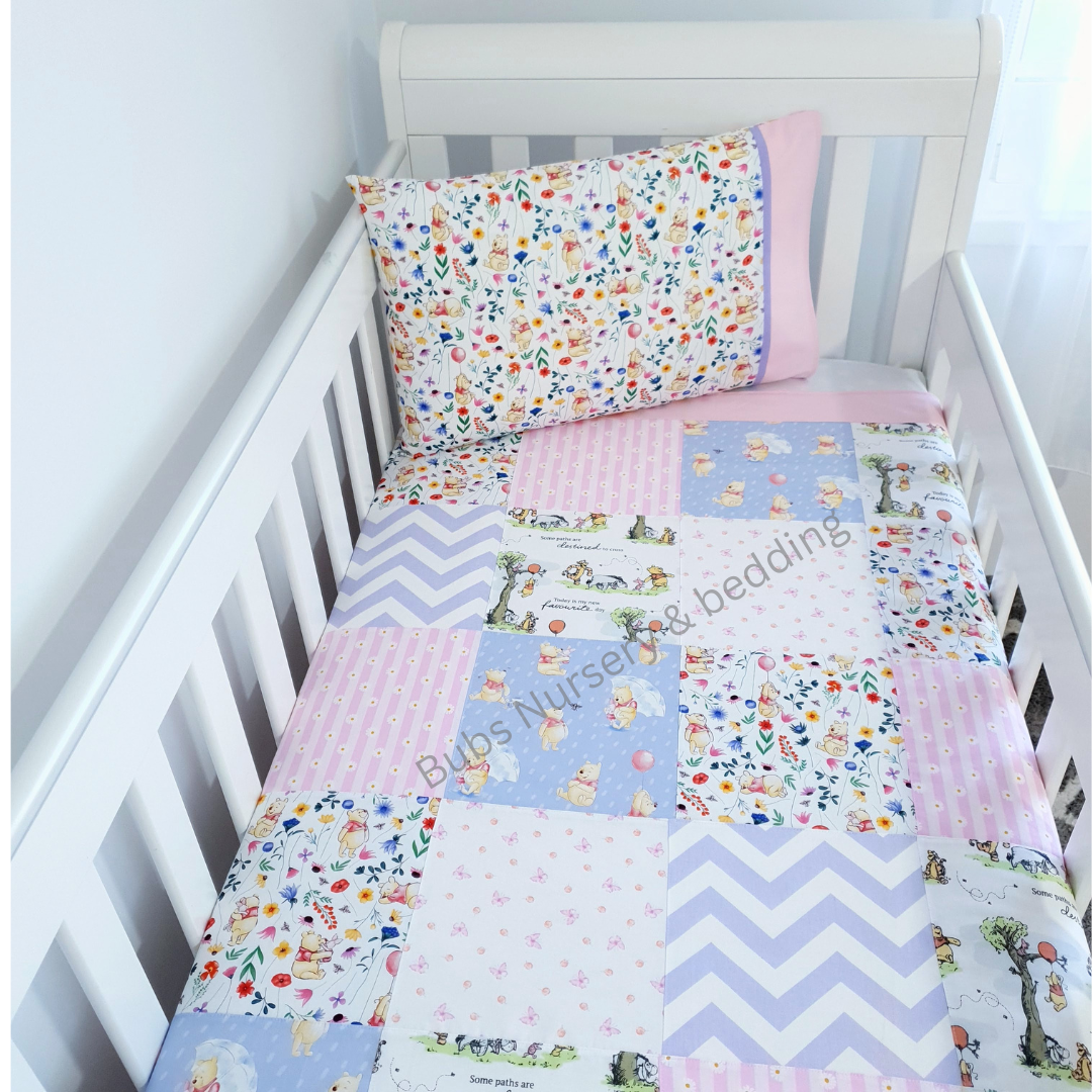 Sweet Winnie the Pooh Patchwork Cot Quilt + toddler pillowcase – Soft Pinks, Lilac & Floral Design