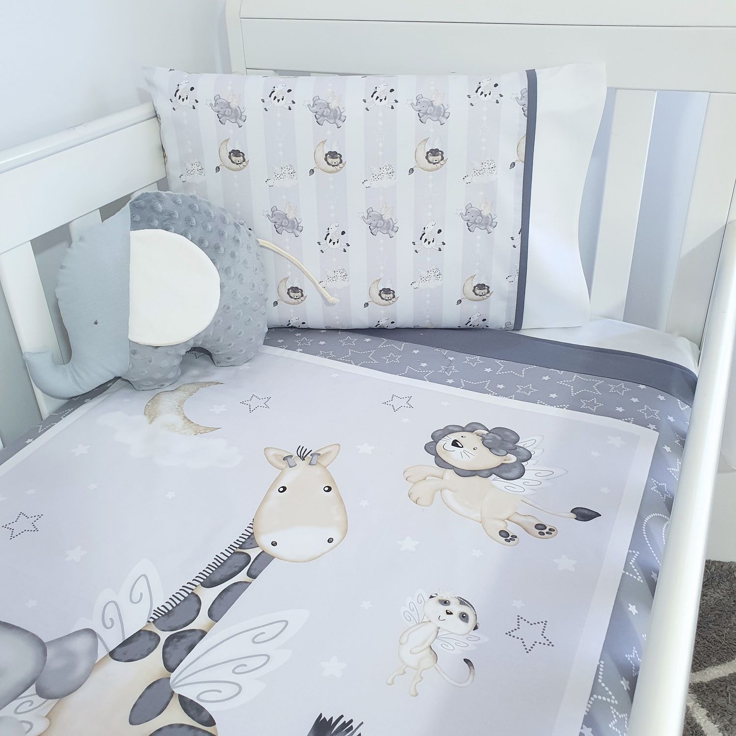 Adorable "Whimsical Safari Animals" gender neutral Nursery Set - Grey + White