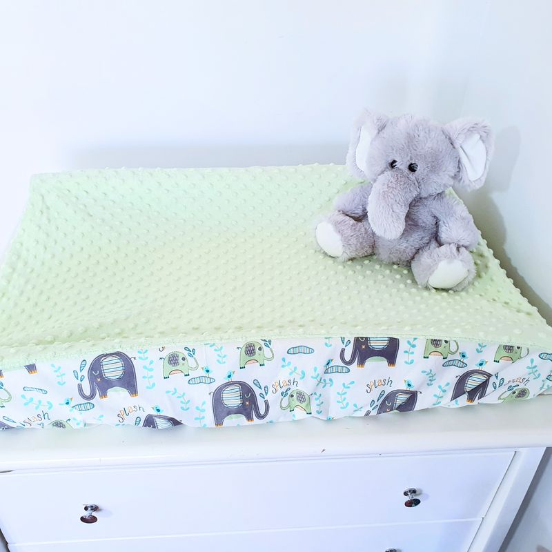 Elephant Print Change Pad Cover – Soft Green Minky Dot Center - 85 x 50 cm