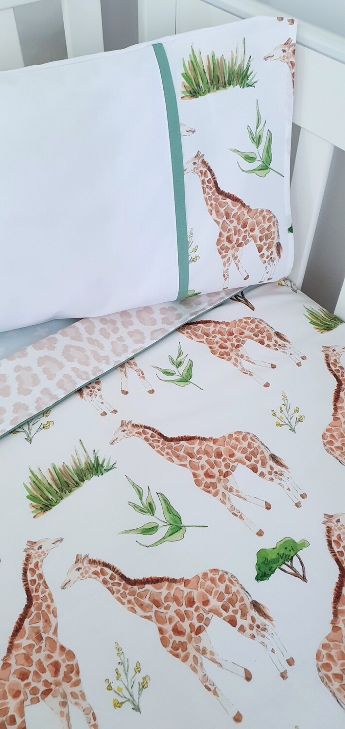 Neutral Giraffe theme printed Cot quilt + toddler pillowcase set.