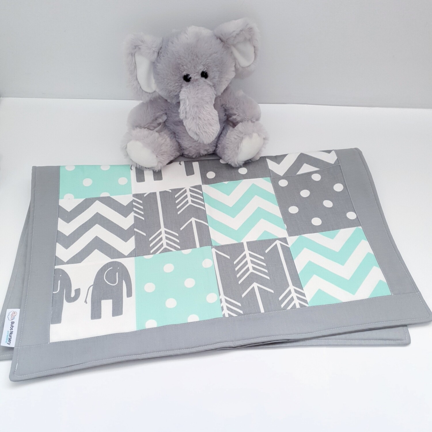 Mint, Grey + White Elephant patchwork cotton Cradle / Pram baby blanket Mint, Grey + White Elephant patchwork cotton Cradle / Pram baby blanket