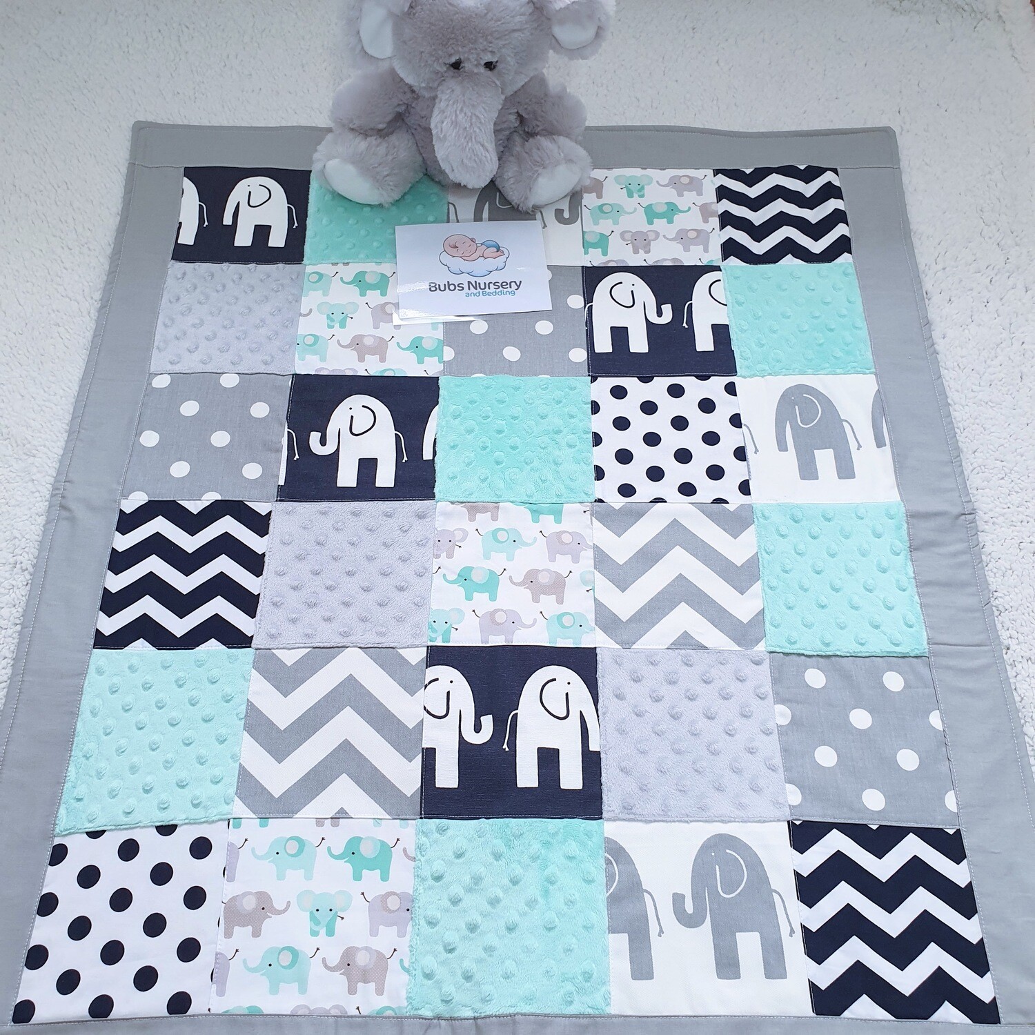 Elephant theme Patchwork style baby play mat / blanket - mint, navy & grey Elephant theme Patchwork style baby play mat / blanket - mint, navy & grey
