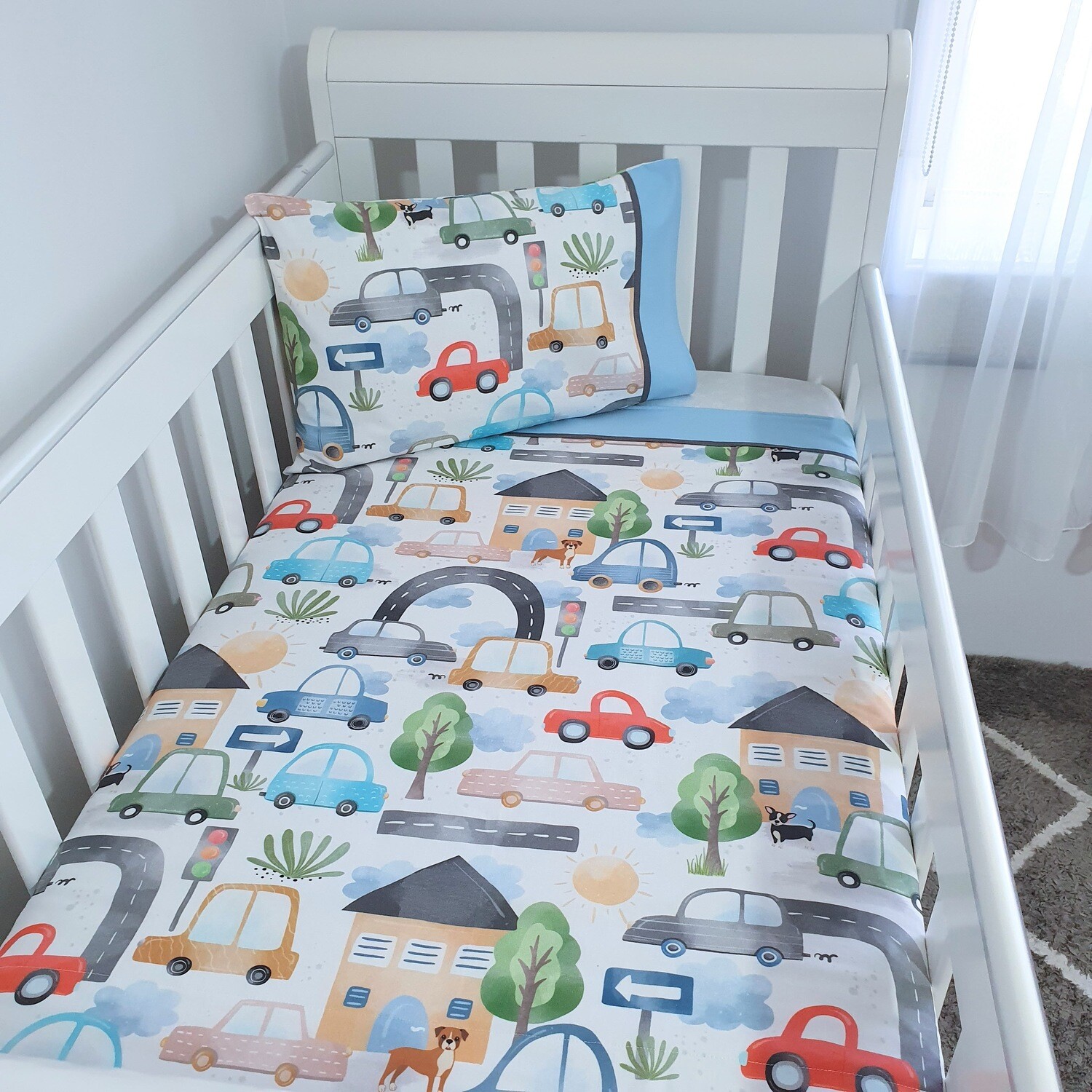 Busy Cars Toddler bed or Cot quilt + toddler pillowcase set - white/blue Busy Cars Toddler bed or Cot quilt + toddler pillowcase set - white/blue