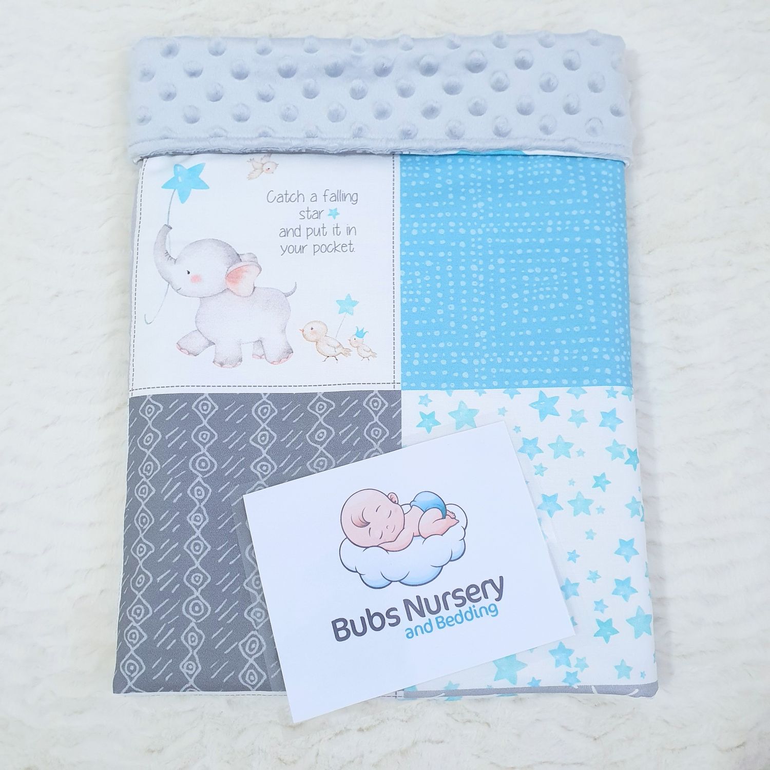 Baby Elephant Patchwork style Cradle/Pram blanket with minky dot backing - Grey, Aqua blue + white Baby Elephant Patchwork style Cradle/Pram blanket with minky dot backing - Grey, Aqua blue + white