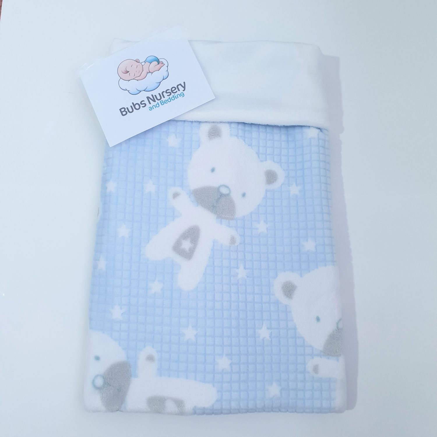 Baby Blue Teddy Bear Blanket – Double Layered Coral Fleece with White Minky Backing Baby Blue Teddy Bear Blanket – Double Layered Coral Fleece with White Minky Backing