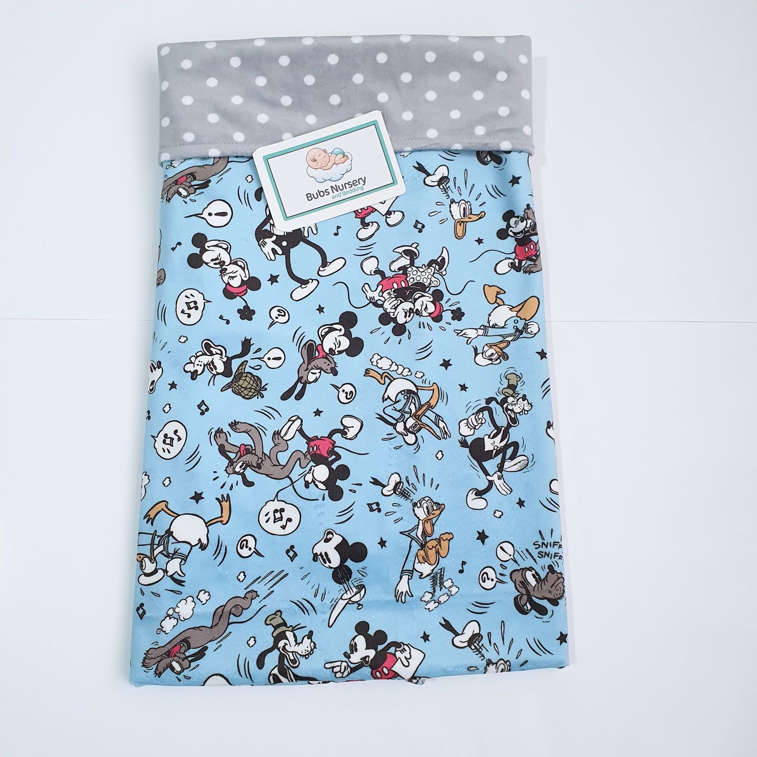 Adorable Mickey Mouse & Friends Minky baby blanket - Blue + Grey with white polka dots Adorable Mickey Mouse & Friends Minky baby blanket - Blue + Grey with white polka dots
