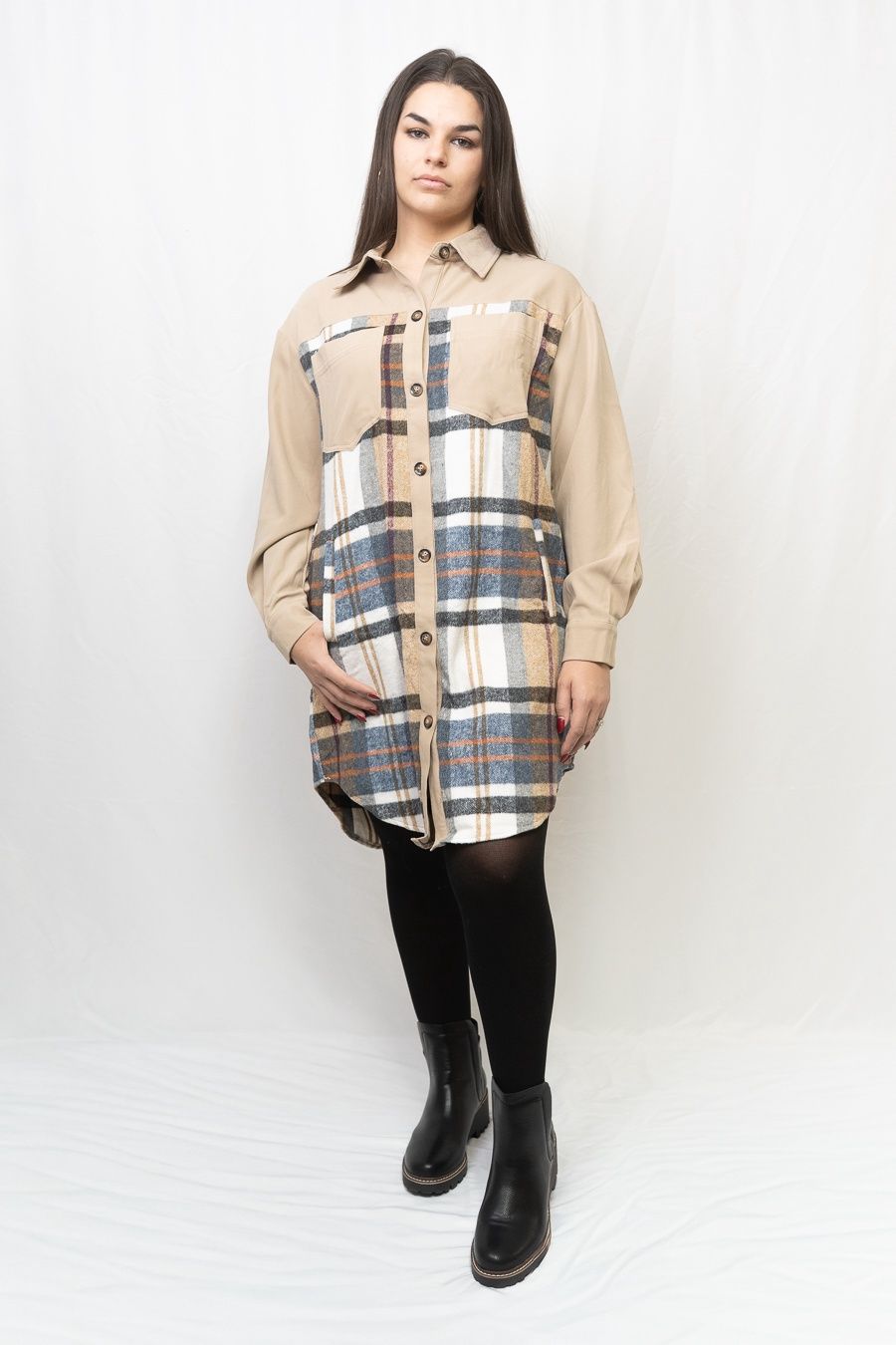 Shayla Plaid Long Sleeve Mini, Color: Khaki, Size: Small