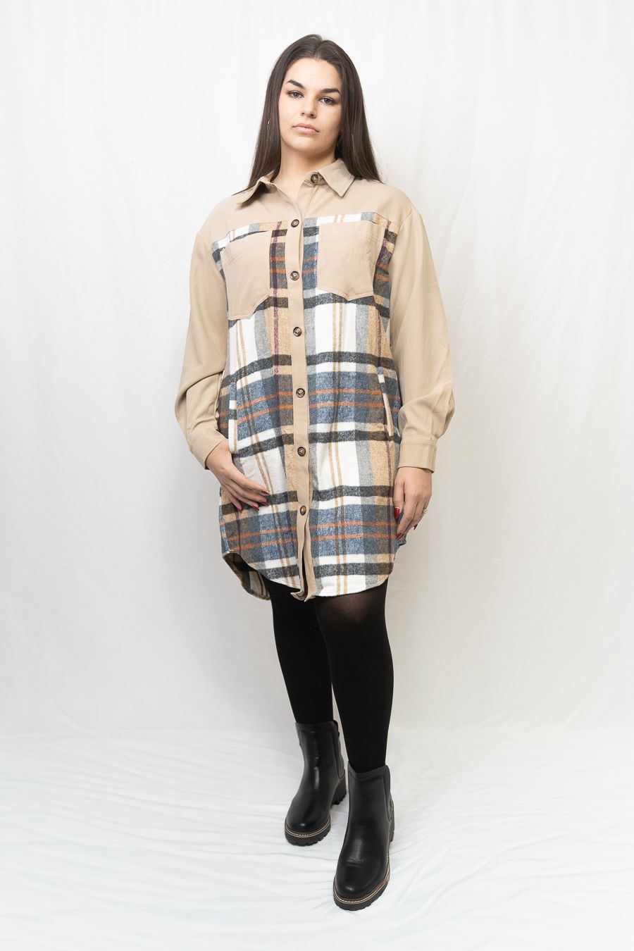 Shayla Plaid Long Sleeve Mini, Color: Khaki, Size: Small