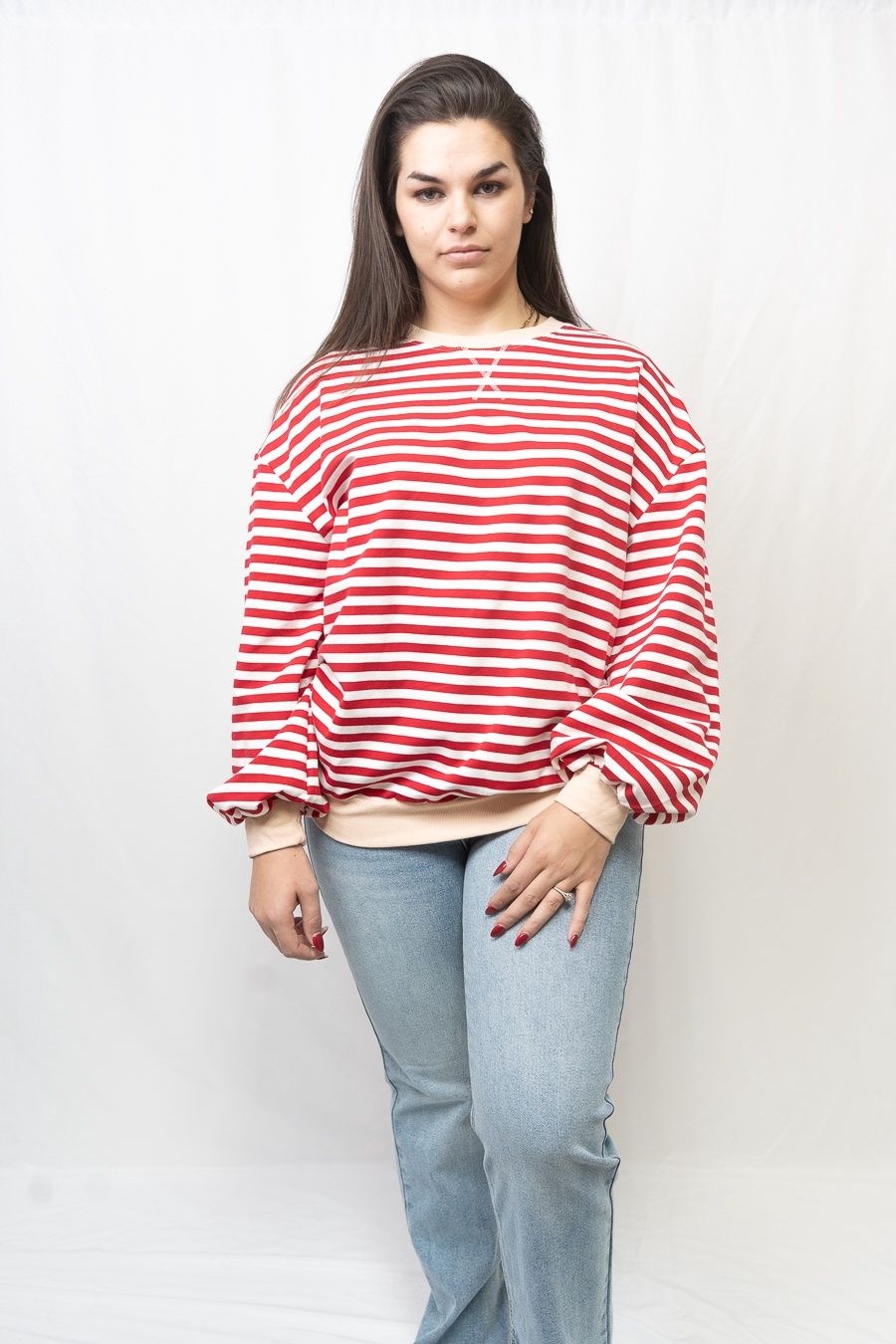 Elizabeth Crewneck Sweater, Color: Red &amp; White Stripes, Fabric: RPS, Size: Small