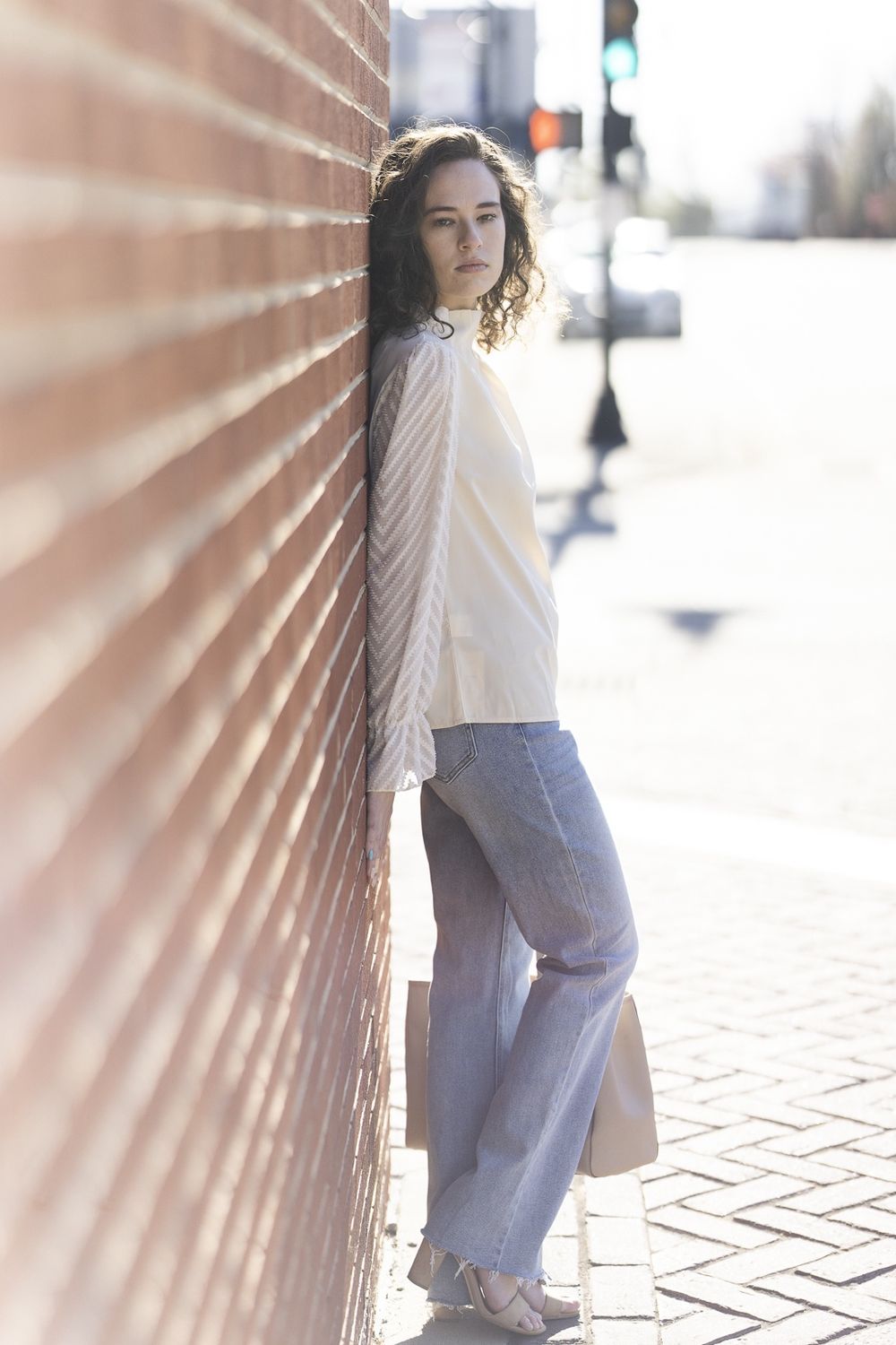 Chiffon Long Puff Sleeve Mock Neck Blouse