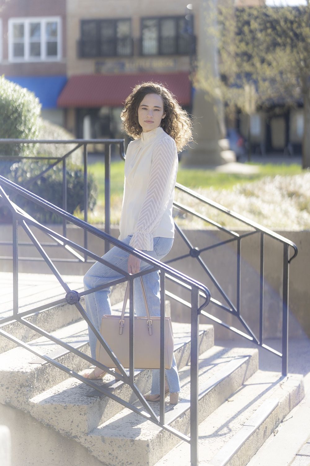 Chiffon Long Puff Sleeve Mock Neck Blouse