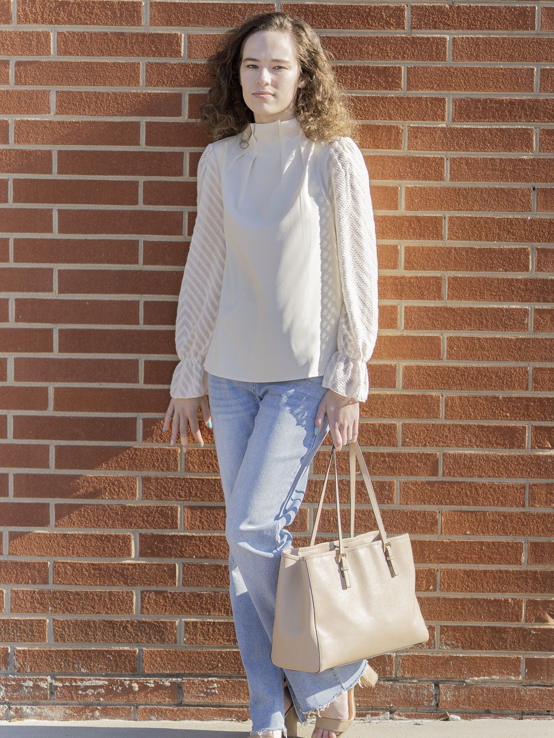 Chiffon Long Puff Sleeve Mock Neck Blouse