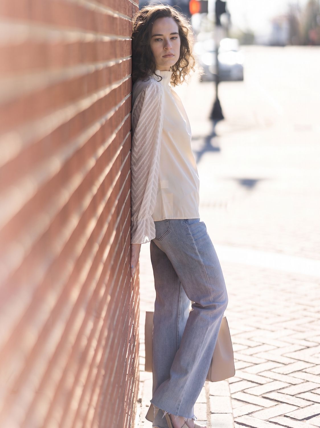Chiffon Long Puff Sleeve Mock Neck Blouse