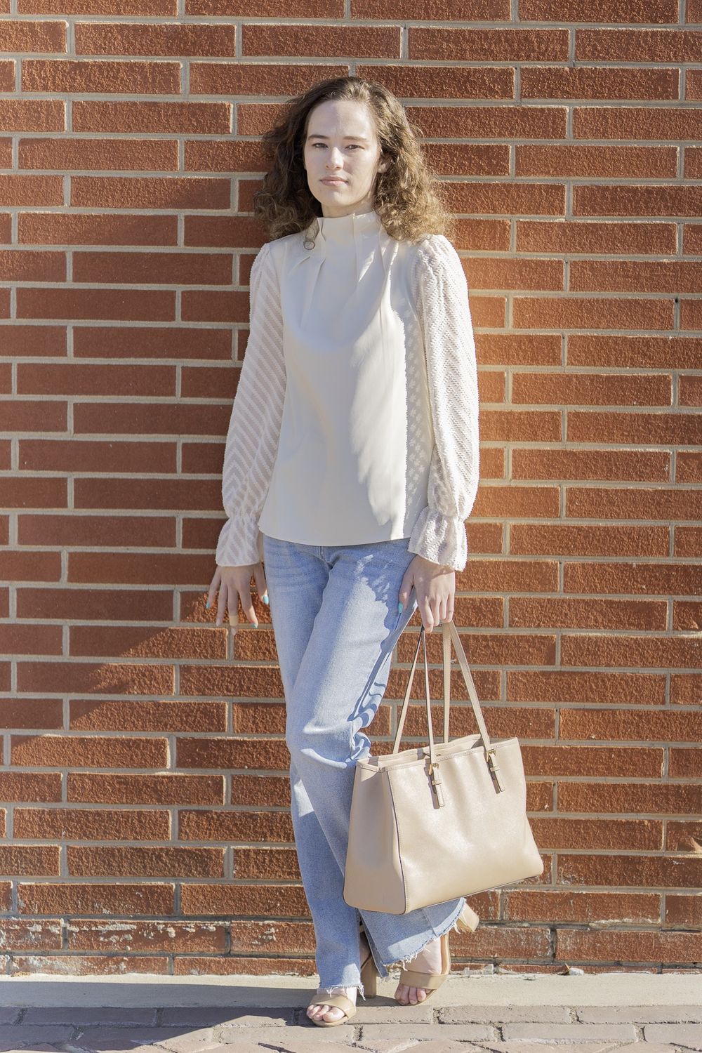 Chiffon Long Puff Sleeve Mock Neck Blouse, Color: Apricot, Size: Small